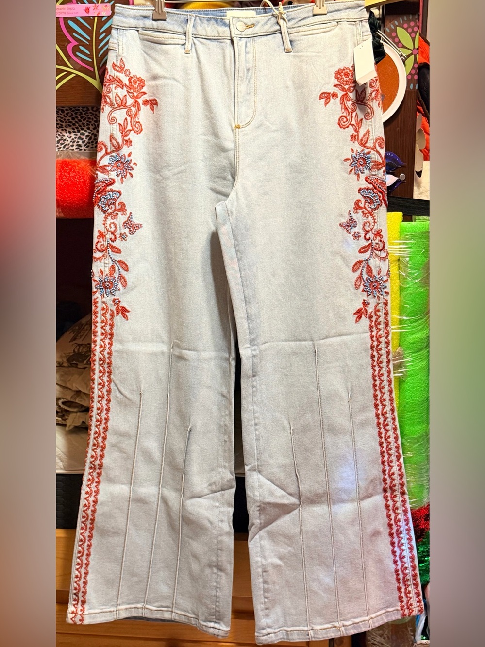 Embroidered Light Blue Women's Jeans with Orange Floral Trim